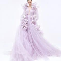 Lavender evening gown with floral embellishments, high fashion dress, luxurious formal wear for women, couture wedding dress, Monalisa Store bridal collection, elegant gown for special occasions, designer formal dress, stylish evening wear, upscale fashion clothing, high-end women's dresses.