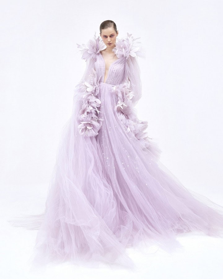 Lavender evening gown with floral embellishments, high fashion dress, luxurious formal wear for women, couture wedding dress, Monalisa Store bridal collection, elegant gown for special occasions, designer formal dress, stylish evening wear, upscale fashion clothing, high-end women's dresses.