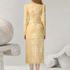 Elegant yellow embroidered dress with long sleeves and ruched back, perfect for formal occasions or fashion events.