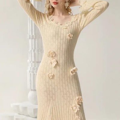 Soft beige knitted dress with floral appliqué details, perfect for elegant occasions and casual wear, available at Monalisa Store.