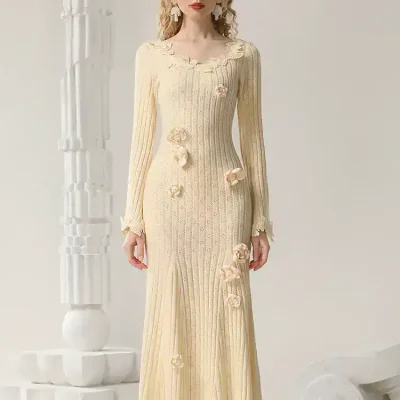Elegant cream-colored knit dress with floral embellishments, perfect for fashionable occasions, featured at Monalisa Store for stylish women.