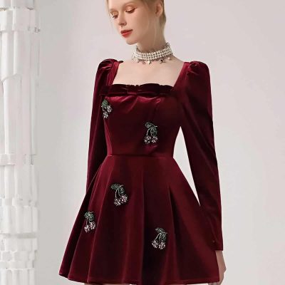 Elegant maroon velvet dress with embellished butterfly details, perfect for special occasions - Monalisa Store.