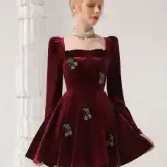 Luxurious maroon velvet dress with embroidered cherry motifs, puff sleeves, and a flared skirt, perfect for elegant occasions and high fashion at Monalisa Store.