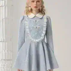 Elegant vintage-inspired dress with lace detailing, bow accents, and a Peter Pan collar, perfect for women seeking classic and stylish fashion from Monalisa Store.