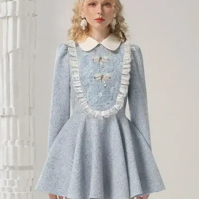 Elegant vintage-inspired dress with lace detailing, bow accents, and a Peter Pan collar, perfect for women seeking classic and stylish fashion from Monalisa Store.