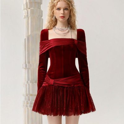 Velvet red cocktail dress with lace hem and off-shoulder design for women.