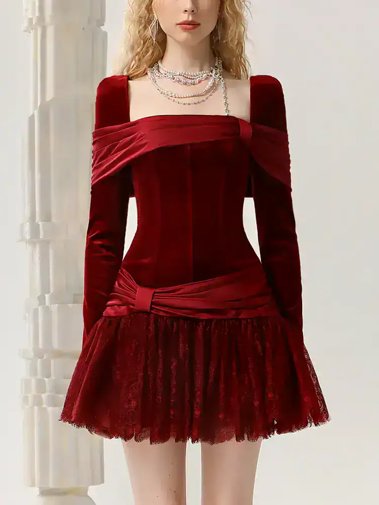 Luxurious red velvet off-shoulder dress with puff long sleeves and a lace-trimmed tulle skirt, perfect for elegant occasions and special events at Monalisa Store.