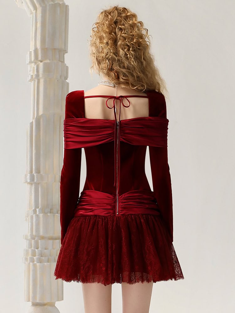 Elegant red velvet dress with off-shoulder design, back zipper closure, and layered tulle skirt. Perfect for fashionable occasions, available at Monalisa Store for stylish women's clothing.