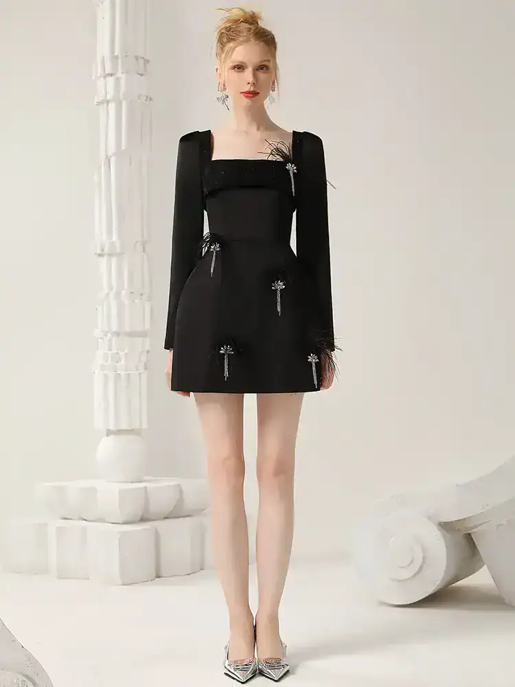 Elegant black mini dress with feather detailing and sparkling embellishments, perfect for fashion-forward occasions and stylish apparel shopping.