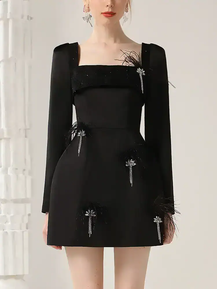 Luxurious black dress with feather and rhinestone embellishments, perfect for elegant events and fashion-forward occasions at Monalisa Store.