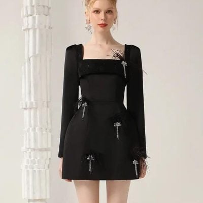 Elegant black dress with embellishments, perfect for formal occasions and fashion-forward events. Designed with intricate details, long sleeves, and a stylish silhouette for a sophisticated look.