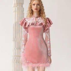 Elegant pink dress with lace sleeves, ruffled neckline, and feather details — perfect for fashion-forward women seeking stylish, high-quality dresses at Monalisa Store.