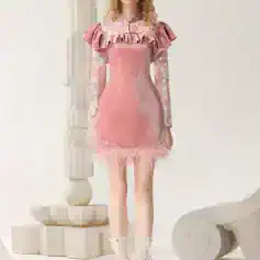 Elegant pink dress with floral lace sleeves, ruffled neckline, feathered hemline, perfect for stylish occasions - Monalisa Store.
