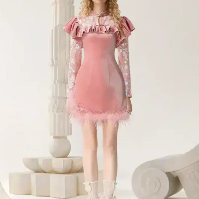Elegant pink dress with floral lace sleeves, ruffled neckline, feathered hemline, perfect for stylish occasions - Monalisa Store.