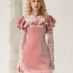 Pink satin dress with ruffled shoulders and embroidered floral sleeves for elegant events and special occasions.