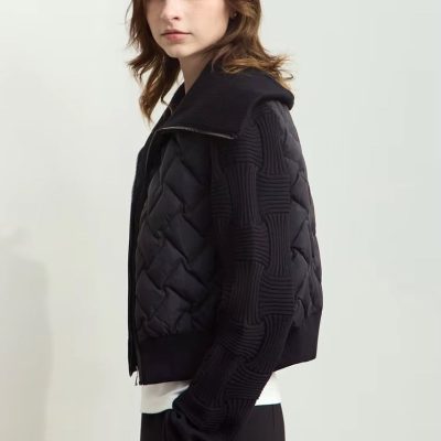 Stylish black quilted and knit bomber jacket for women, perfect for fall and winter fashion, from Monalisa Store. Elegant and comfortable outerwear for modern women.