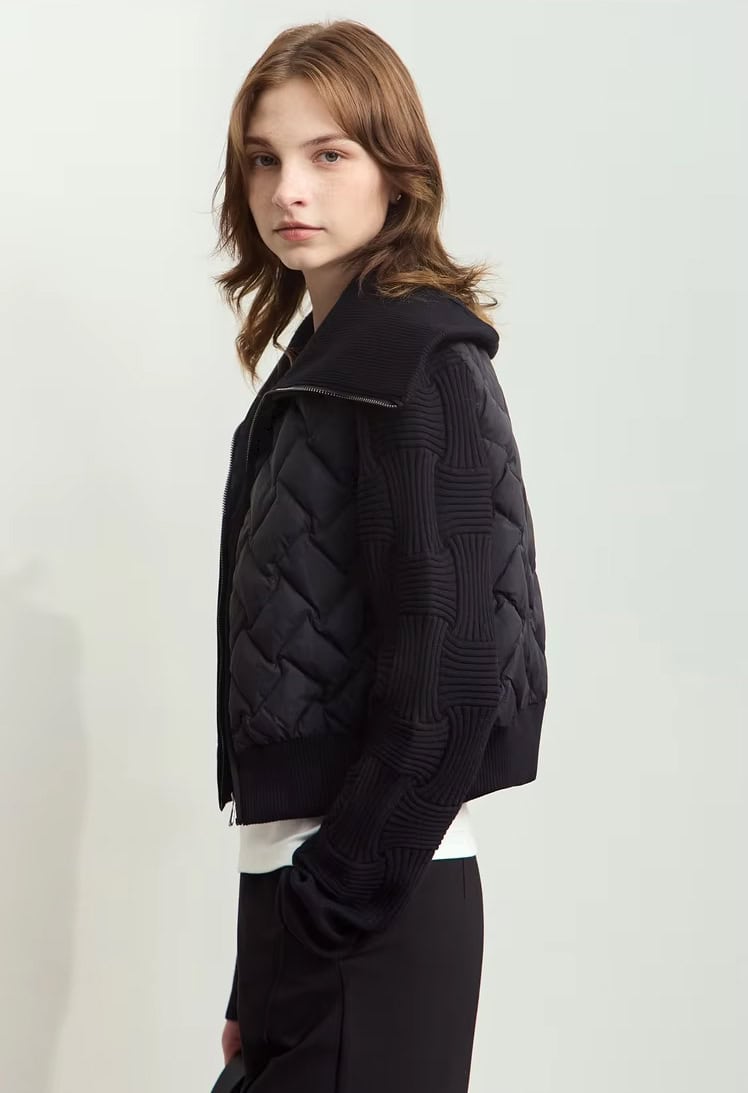 Stylish black quilted and knit bomber jacket for women, perfect for fall and winter fashion, from Monalisa Store. Elegant and comfortable outerwear for modern women.
