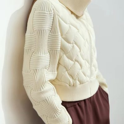 Cotton quilted jacket with ribbed knit sleeves and high collar, casual outerwear for women, Monalisa Store fashion collection.