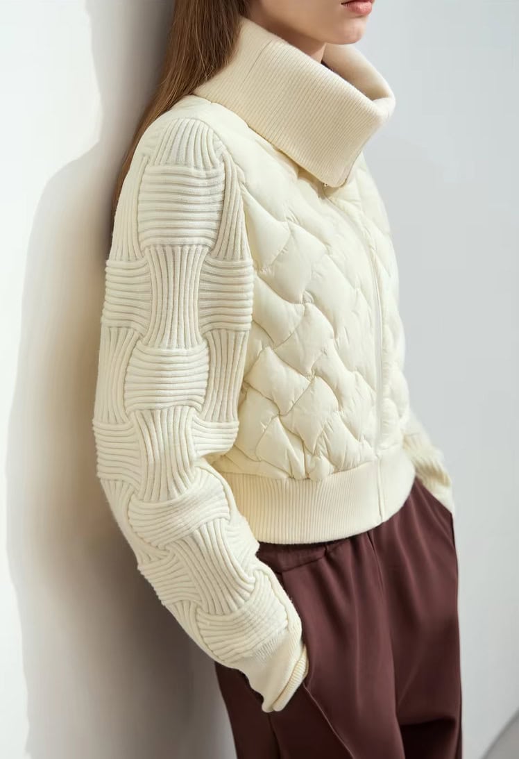 Cotton quilted jacket with ribbed knit sleeves and high collar, casual outerwear for women, Monalisa Store fashion collection.