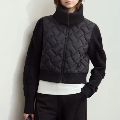 Stylish black quilted and knit bomber jacket for women, perfect for cold weather and casual fashion, featuring a high collar, zip closure, and comfortable fit.