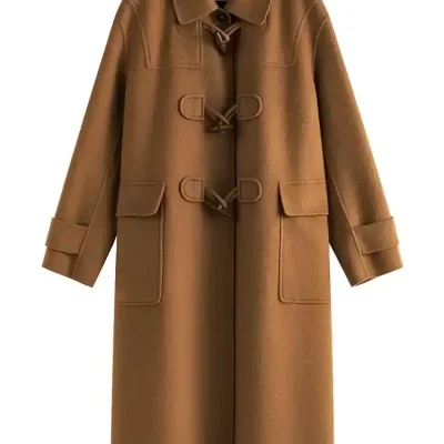 Luxury camel wool coat with toggle closures for women, stylish winter outerwear from Monalisa Store.