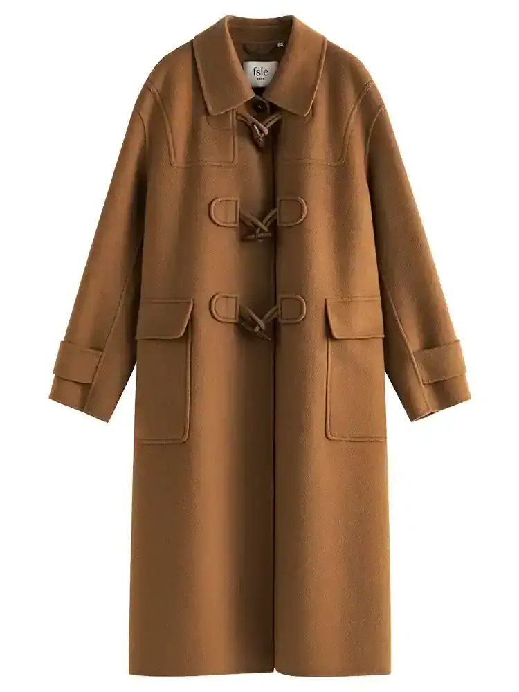 Luxury camel wool coat with toggle closures for women, stylish winter outerwear from Monalisa Store.