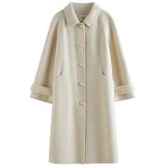 Luxurious beige wool coat with a classic collar and unique button details, perfect for winter fashion and elegance.