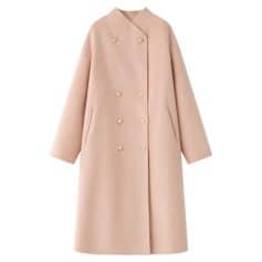 Luxurious blush pink women’s wool coat with double-breasted gold buttons, stylish oversized fit, and convenient side pockets, perfect for elegant winter wear.
