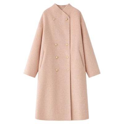 Luxurious blush pink women’s wool coat with double-breasted gold buttons, stylish oversized fit, and convenient side pockets, perfect for elegant winter wear.