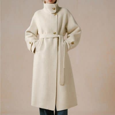 Luxurious cream wool coat with gold button accents and a waist belt, perfect for winter elegance and fashion statement.