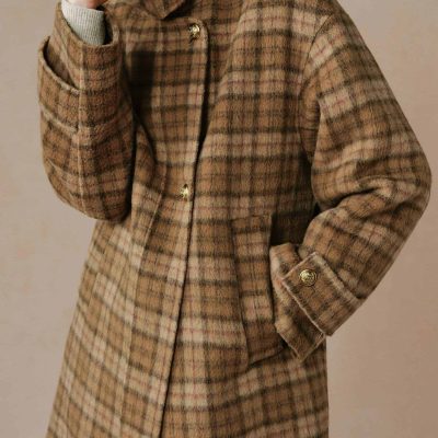 Plaid wool checkered coat, warm winter outerwear with gold buttons, stylish outer garment for cold weather. Perfect for fall and winter fashion, combining comfort and elegance with classic pattern and luxurious finish.