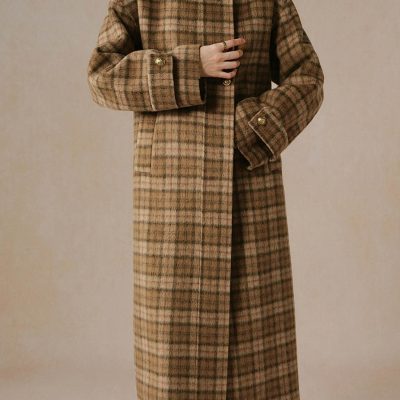 Plaid wool long coat with gold-button details, stylish outerwear from Monalisa Store for winter fashion.