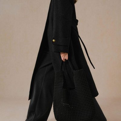Luxurious black wool coat and oversized black woven tote bag, perfect for fall fashion and stylish eye care accessories from Monalisa Store.