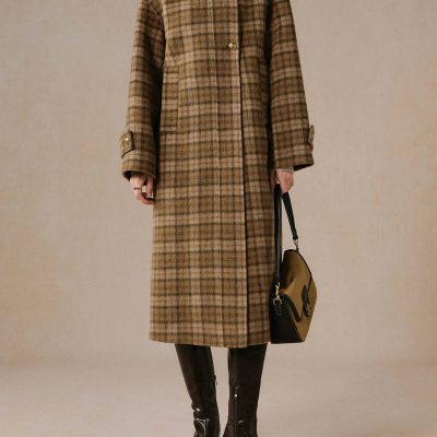 Warm plaid long coat with front buttons, styled with leather knee-high boots and a stylish handbag for winter fashion. Ideal for cold weather and sophisticated casual looks.