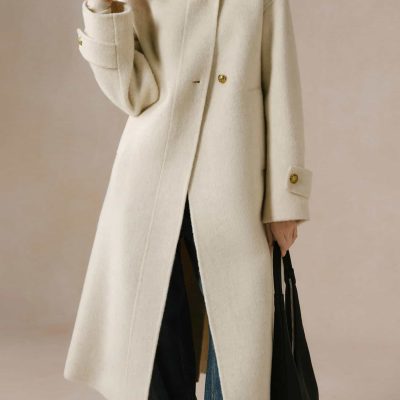 Luxurious cream wool coat with gold buttons, stylish double-breasted design, perfect for cold weather, showcased for Monalisa Store, high-quality winter fashion.