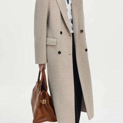 Luxurious beige wool double-breasted coat perfect for winter fashion at Monalisa Store, stylish and warm choice for women seeking elegant outerwear options.