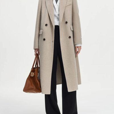 Luxurious beige wool coat with double-breasted design, paired with business casual outfit, black wide-leg trousers, and brown leather shoes, showcasing timeless style at Monalisa Store.