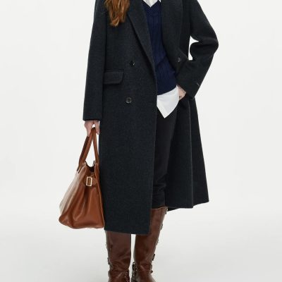 Elegant women's winter fashion coat for stylish warmth and comfort, featuring a long black wool blend design with classic lapel collar, perfect for professional or casual wear.