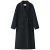 Luxurious black wool coat featuring a tailored double-breasted design, perfect for stylish winter wear and enhancing your fashion statement. Ideal for formal or casual occasions.