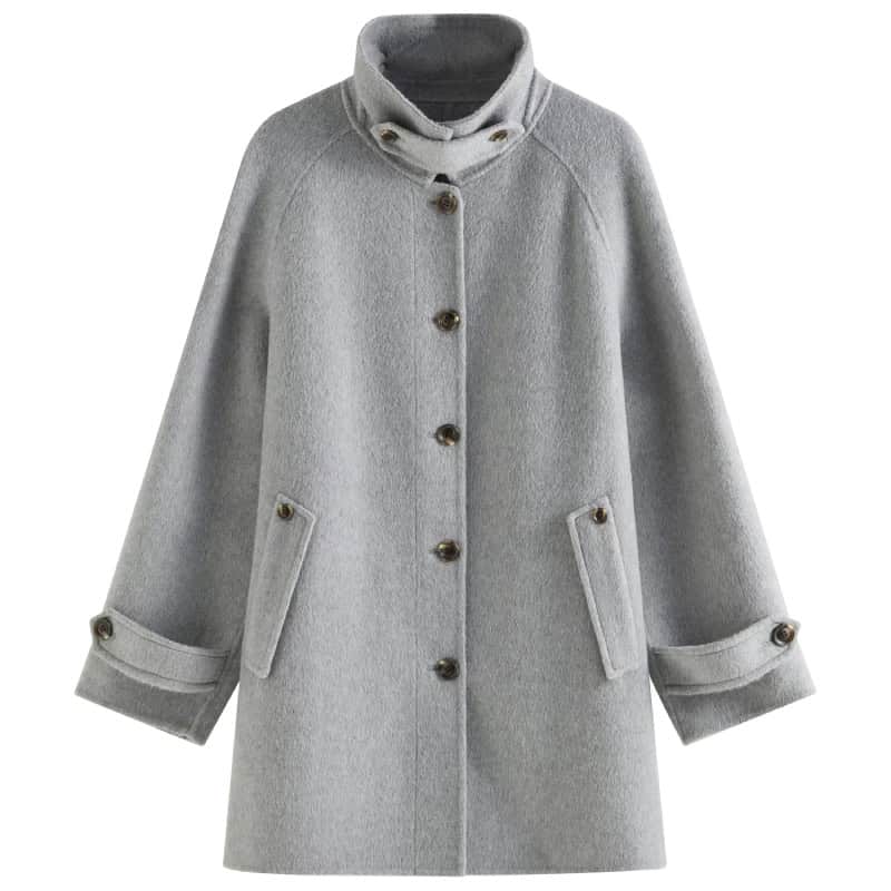 Luxurious grey wool coat with button details, high collar, and stylish pockets, perfect for cold weather fashion and upscale winter wear.