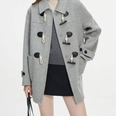 Cosmetic duffle coat with toggle closure, women’s warm winter outerwear, stylish gray wool coat from Monalisa Store.
