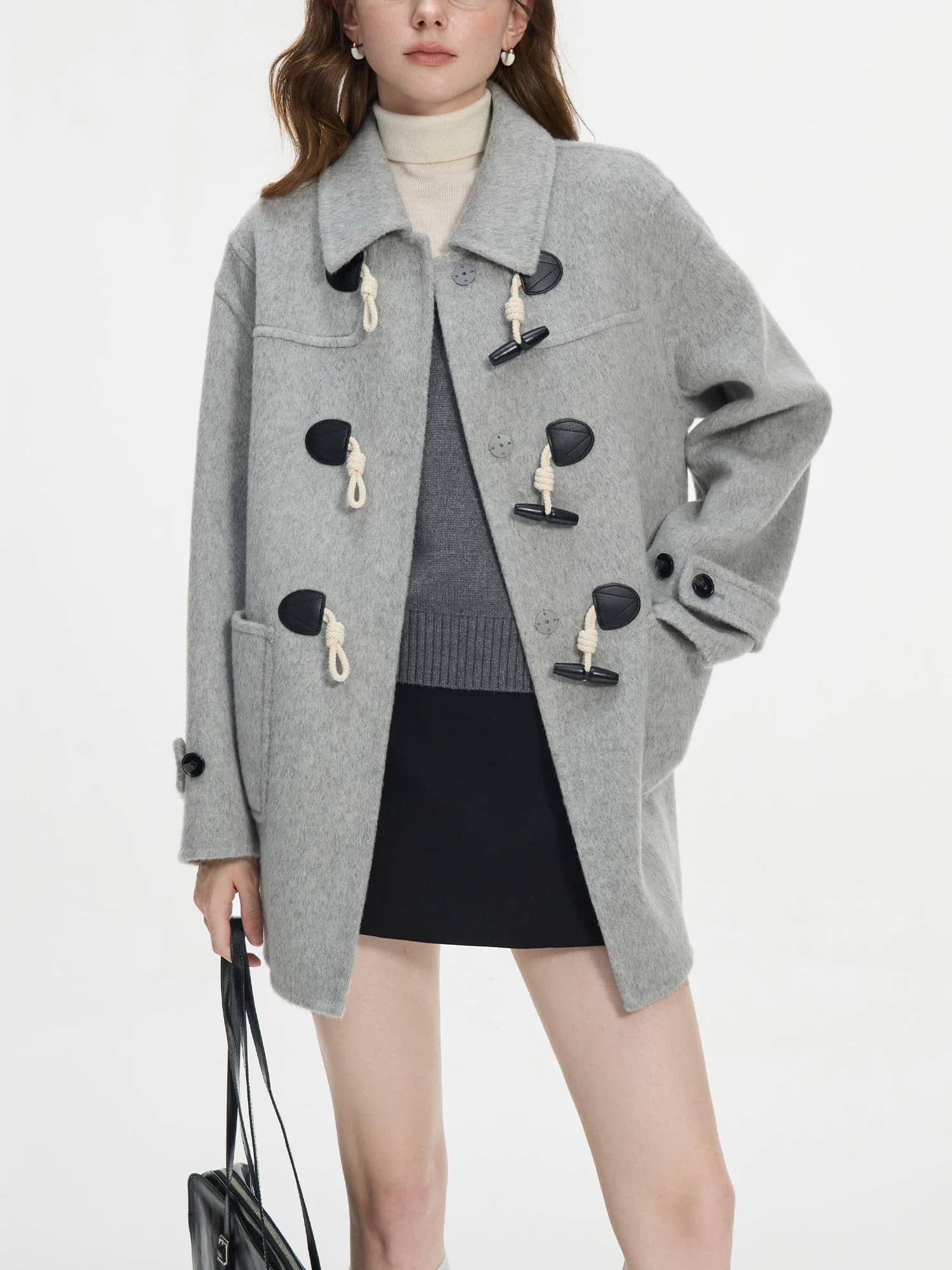 Cosmetic duffle coat with toggle closure, women’s warm winter outerwear, stylish gray wool coat from Monalisa Store.