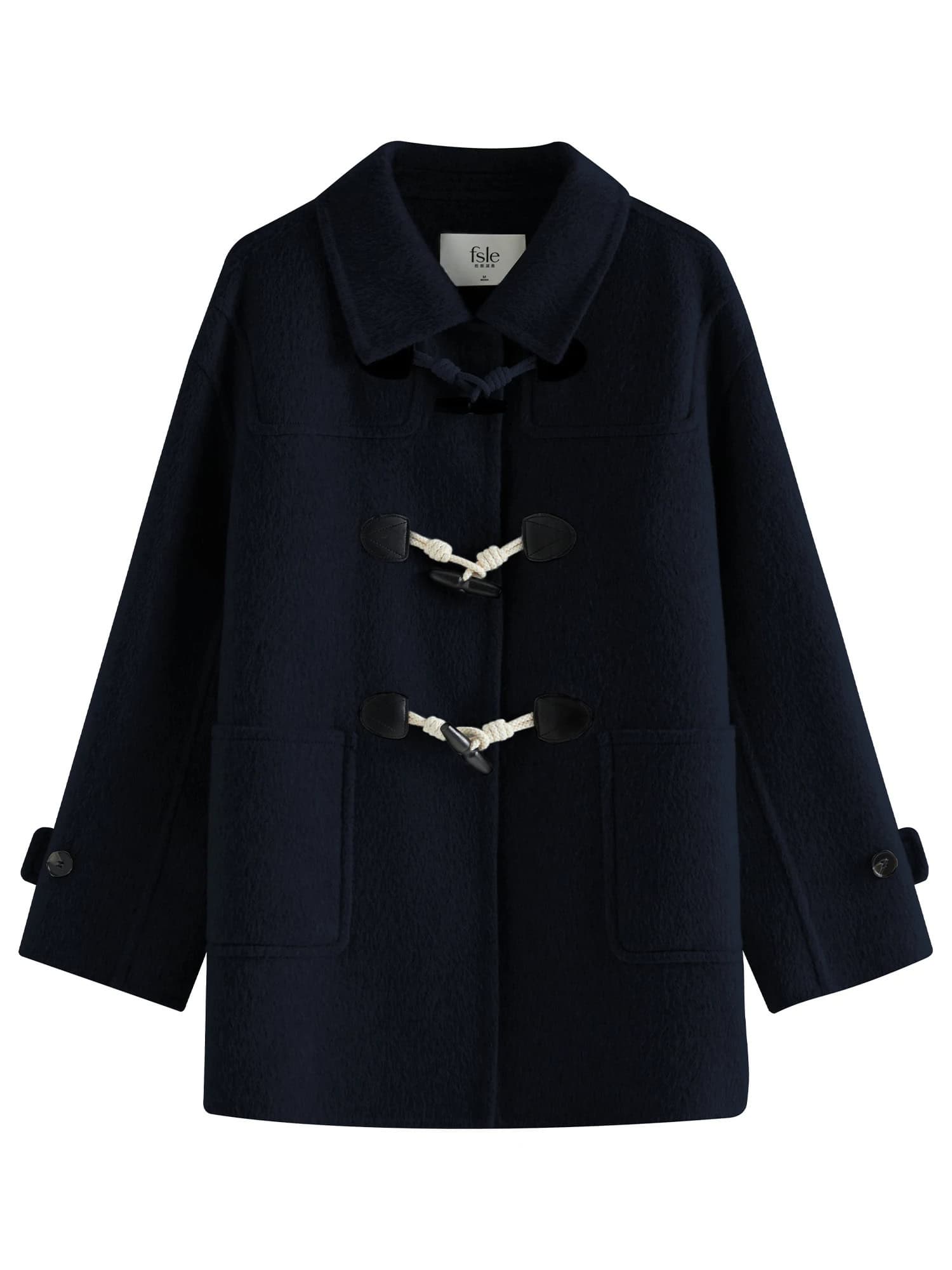 Elegant navy duffle coat with toggle fastenings, perfect for stylish winter eyewear protection and fashion accessories shopping at Monalisa Store.