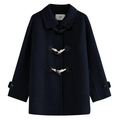 Warm navy duffle coat with toggle closures and large front pockets, perfect for cold weather and stylish outdoor wear.
