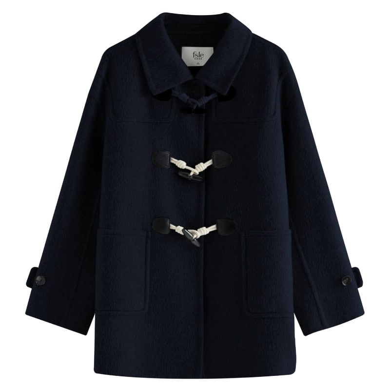 Warm navy duffle coat with toggle closures and large front pockets, perfect for cold weather and stylish outdoor wear.