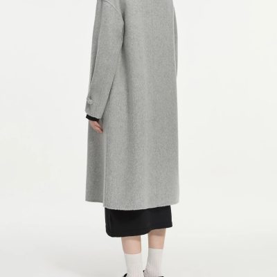 Luxurious grey wool coat for women, stylish and warm outerwear ideal for fall and winter.