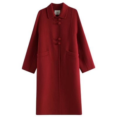 Luxurious red winter coat with traditional toggle closures, designed for warmth and elegant style, perfect for cold weather fashion and outdoor wear.