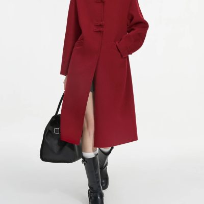 Elegant red winter coat with toggle buttons, perfect for stylish cold-weather wear at Monalisa Medical Store.