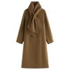 Luxurious brown wool coat with unique scarf-like collar, double-breasted design, perfect for winter fashion. Elegant and cozy outerwear from Monalisa Store.
