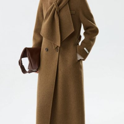 Luxurious brown wool coat with oversized scarf, stylish design, and elegant appearance, perfect for winter fashion.